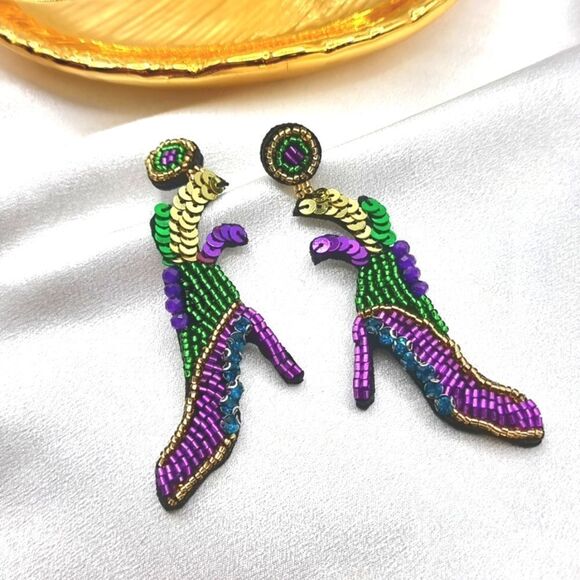 New HIGH HEELS  Mardi Gras sequin earrings - Picture 3 of 7